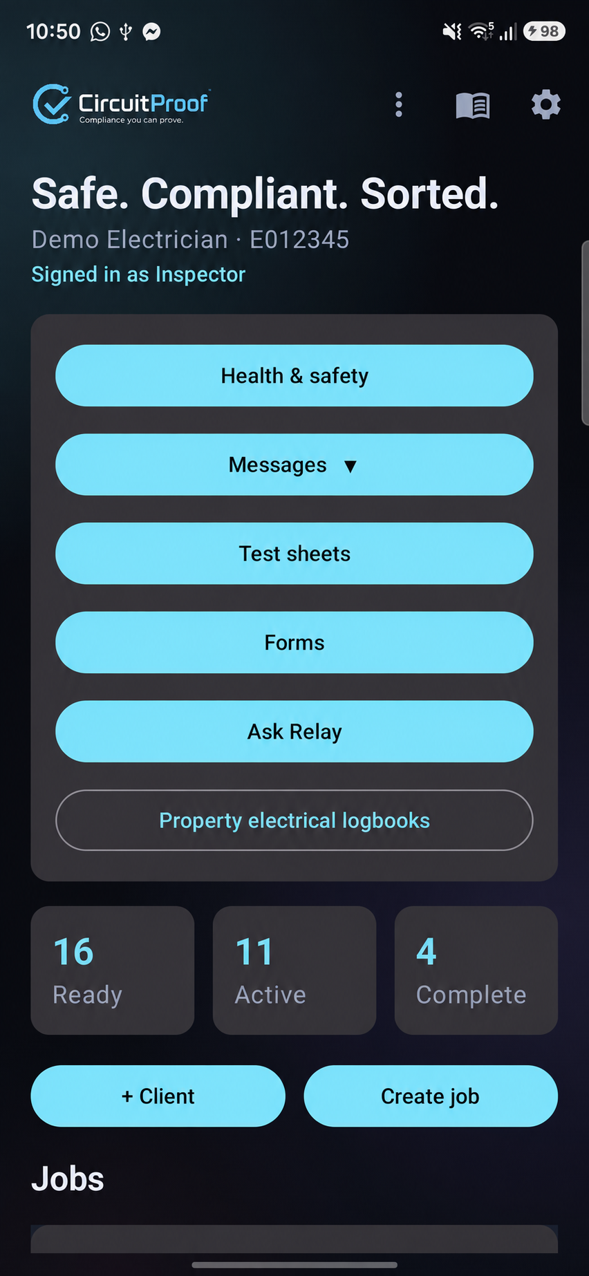 CircuitProof Android app home screen showing jobs, progress and a Create job button